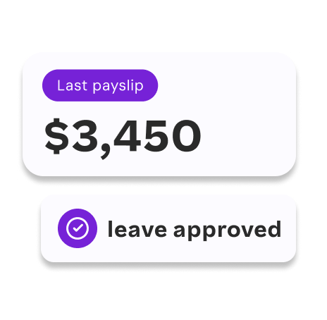 A UI card container displays a purple 'Last Payslip' badge with an amount of $3,450. Below it, a notification banner indicates that leave has been approved.