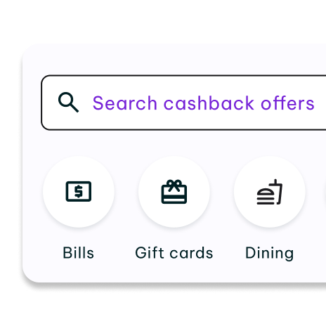 A mobile app screen shows a search bar for "Search cashback offers" and circular icons for "Bills," "Gift cards," and "Dining.