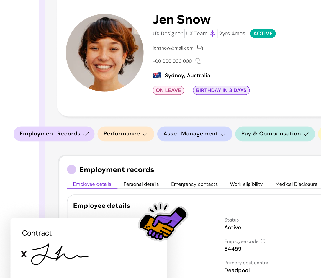 Employee profile interface for Jen Snow, showing status, contact details, employment records, and tabs for performance, asset management, and compensation.
