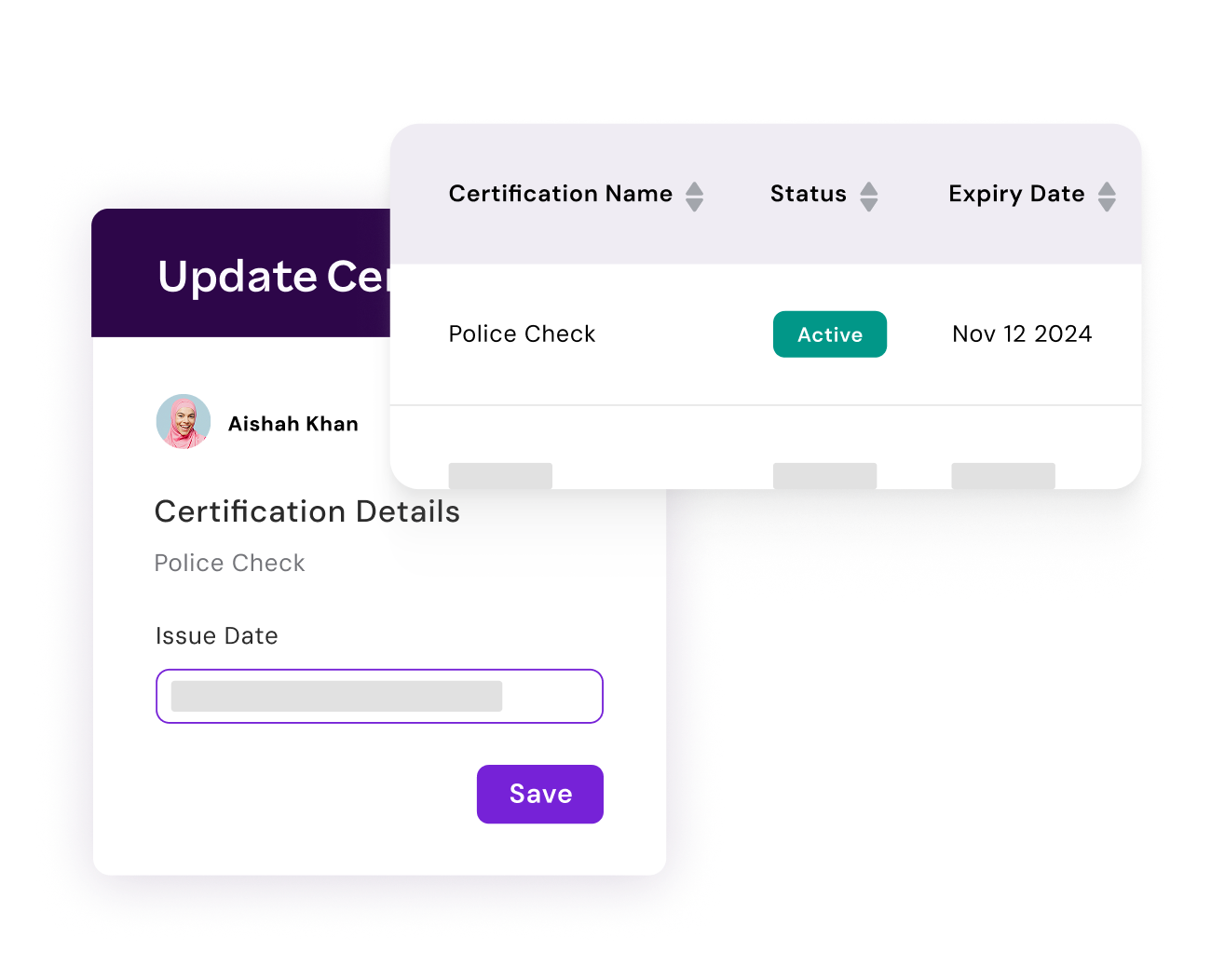 Certification update interface showing details of a police check, including issue date and status, with an "Active" status indicator