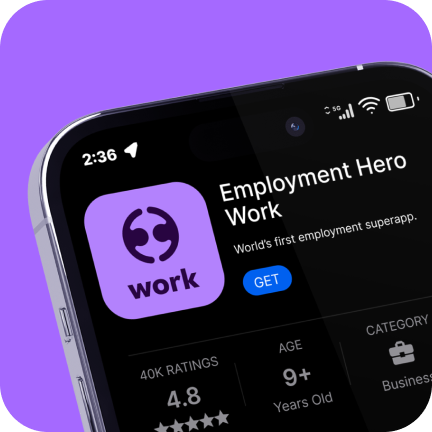 Close-up of Employment Hero Work app on a smartphone screen, labeled as the world’s first employment superapp.