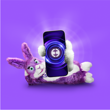 Rebel rabbit holding a phone displaying Employment Hero's logo.