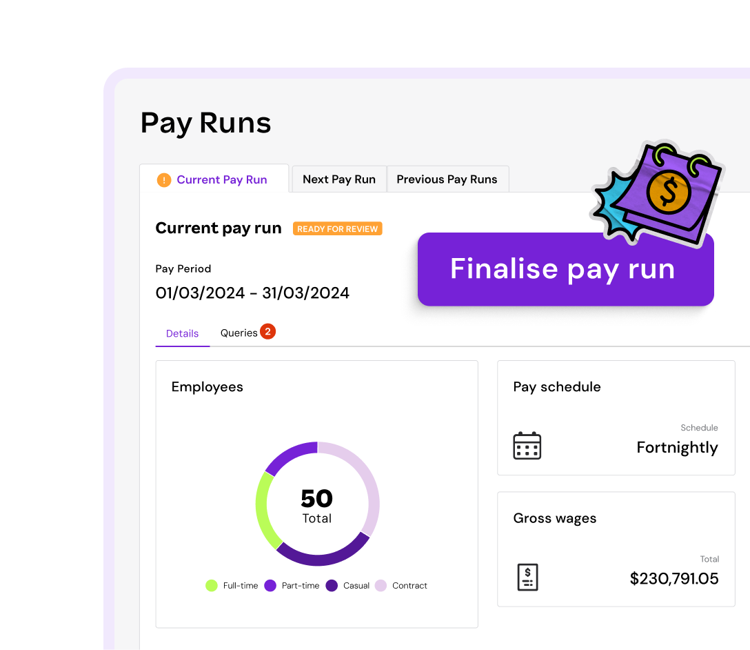 Payroll dashboard showing a current pay run summary with employee count by type, gross wages total, and a call-to-action to finalise pay run.