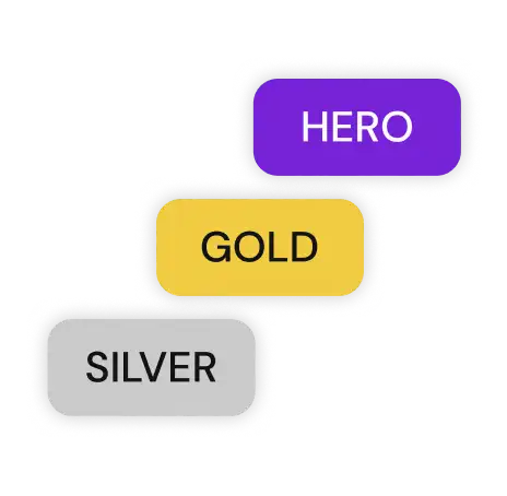 Three rounded rectangles on a black background, labeled "SILVER" in gray, "GOLD" in yellow, and "HERO" in purple, arranged in a diagonal stair-like pattern.