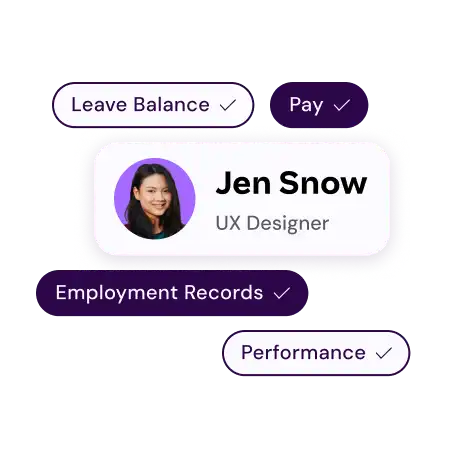 Profile interface with a smiling woman in a purple circle; labels read "Jen Snow, UX Designer," alongside buttons for Leave Balance, Pay, Employment Records, and Performance.