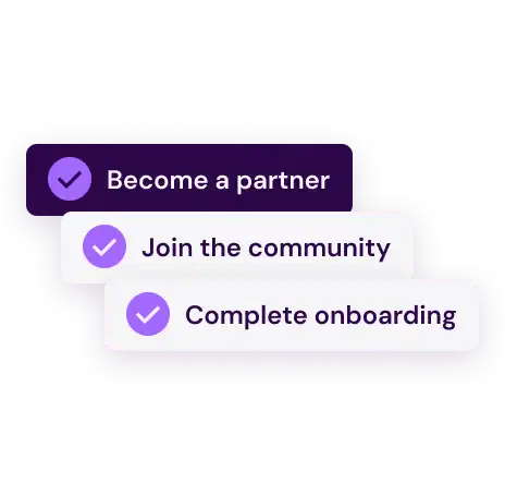 White and purple boxes with checkmarks list steps: "Become a partner," "Join the community," "Complete onboarding," on a black background.