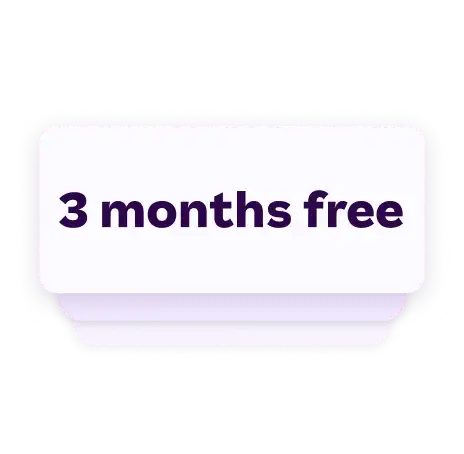 White card with rounded corners on a black background, displaying the bold, purple text "3 months free," conveying a promotional offer.