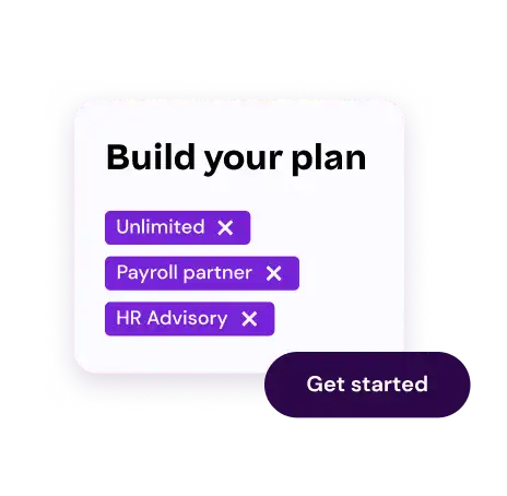 "Black background with white box titled 'Build your plan' in black text. Three purple tabs: Unlimited, Payroll partner, HR Advisory. 'Get started' button below."