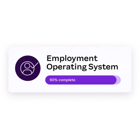 A progress bar labeled "Employment Operating System" shows 90% completion. A dark purple user icon is on the left. Background is black.