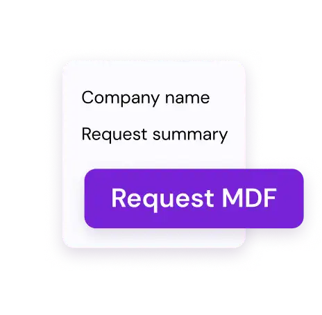 A white rectangular card on a black background displays "Company name" and "Request summary." A purple button labeled "Request MDF" overlays the card.