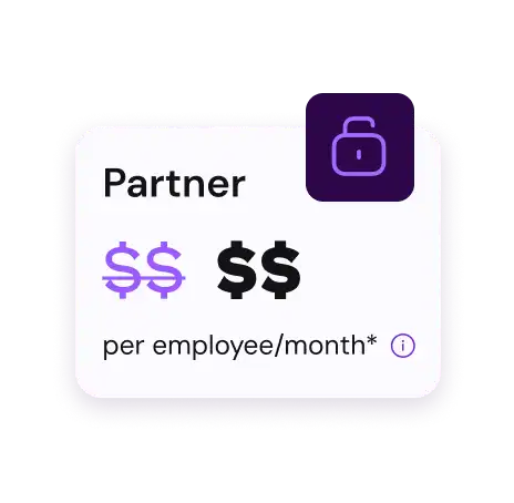"Pricing card with the word 'Partner' and a purple lock icon. Features dollar signs with 'per employee/month' text, on a black background."
