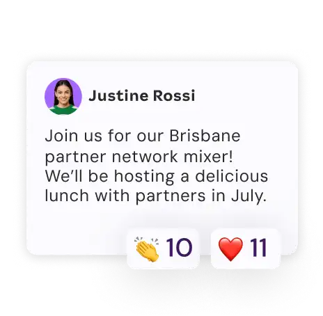 A social media post by Justine Rossi invites users to a Brisbane network mixer in July. The post has 10 claps and 11 hearts on a black background.