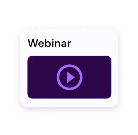 Icon of a webinar with a purple play button on a dark purple rectangle. The word "Webinar" is written above in black on a white background.