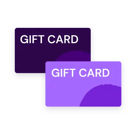 Two overlapping gift cards on a black background, one dark purple and the other light purple, both with "Gift Card" in bold white text.