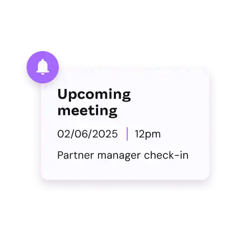 Notification of an upcoming meeting on February 6, 2025, at 12 PM, titled "Partner manager check-in," with a purple bell icon on a black background.