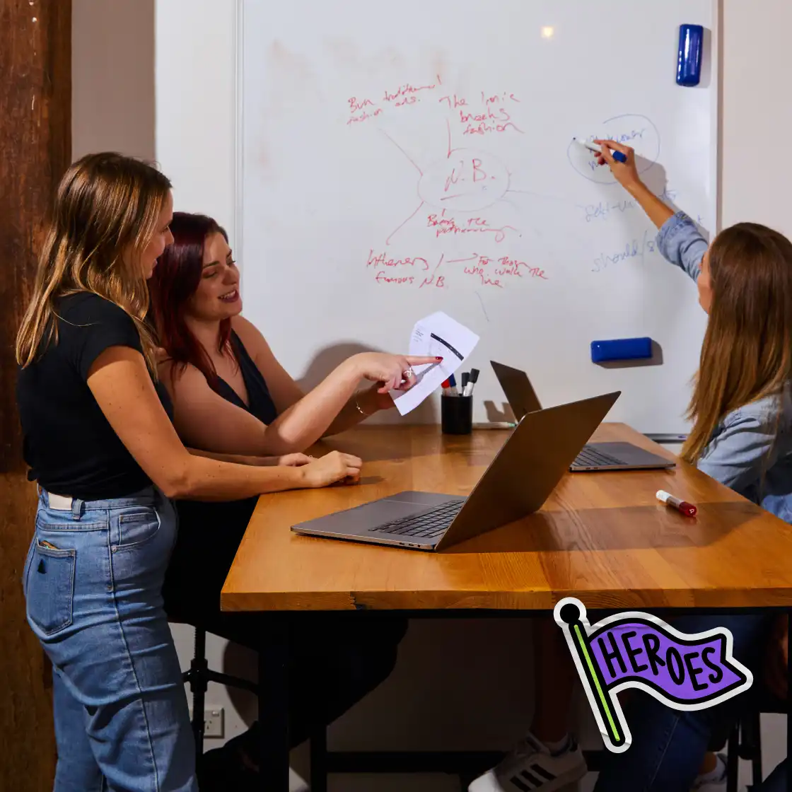 Three people collaborate around a table with laptops. One writes on a whiteboard filled with flowcharts. The mood is interactive and focused.