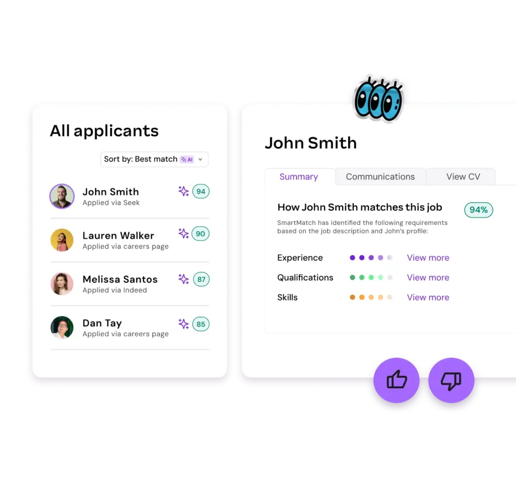 Applicant tracking interface showing a list sorted by best match with scores, alongside a detailed profile of John Smith indicating a 94% match for a job.