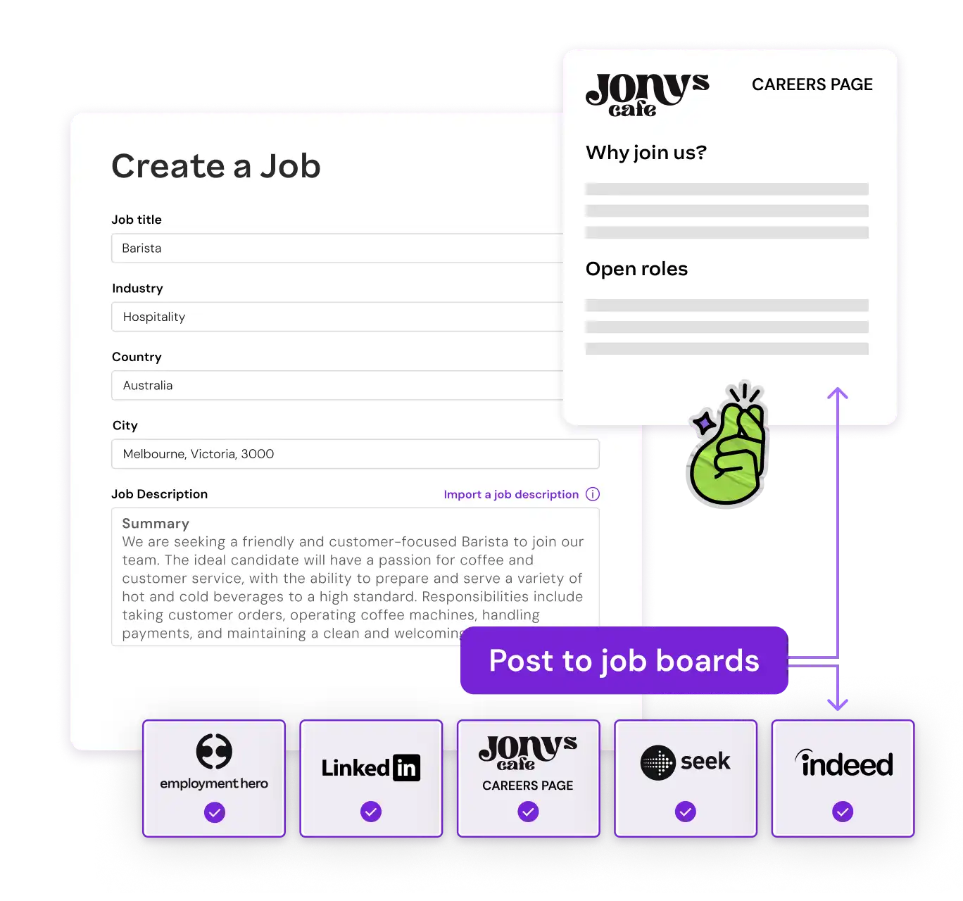 Alt text: "Job creation interface for a barista role in Melbourne, Australia. Includes hospitality details and a job summary. Icons for posting to Employment Hero, LinkedIn, a career page, Seek, and Indeed are shown below. A green thumbs-up icon highlights the process."