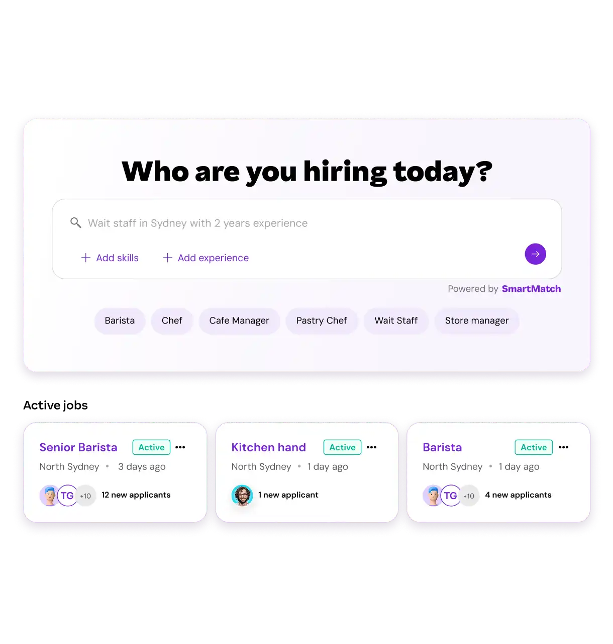 Alt text: "Hiring interface displaying a search bar for jobs like Barista and Chef with experience options. Below are job listings with icons and applicant numbers."