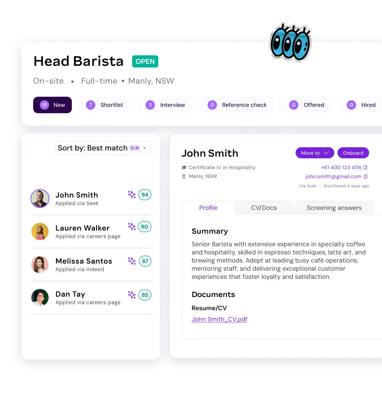 Dashboard displaying Head Barista job applicants. John Smith is highlighted with a score of 94. Includes his summary and document links. Minimalist design.
