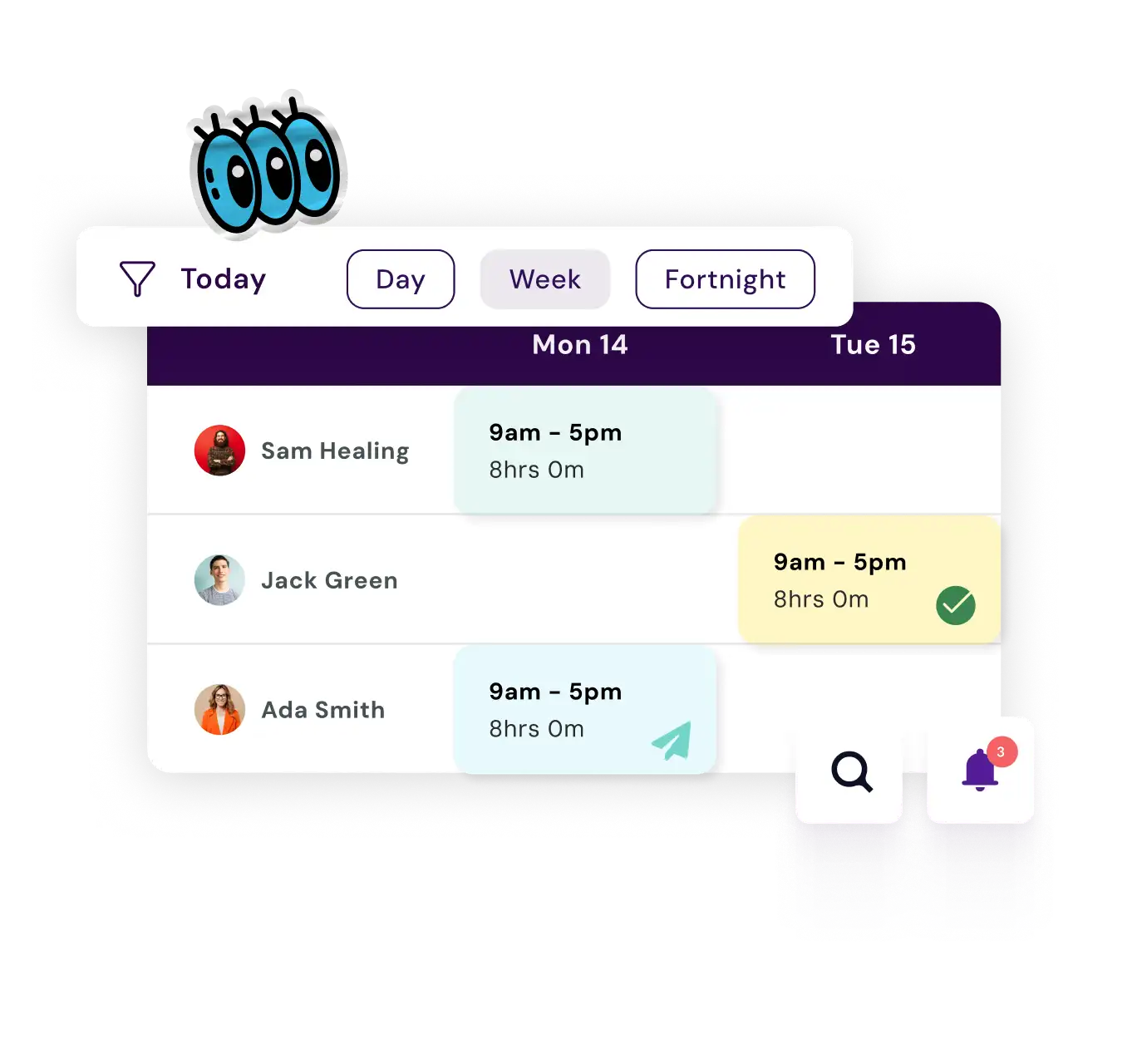 Employee shift schedule showing accepted and published shifts for Sam Healing, Jack Green, and Ada Smith