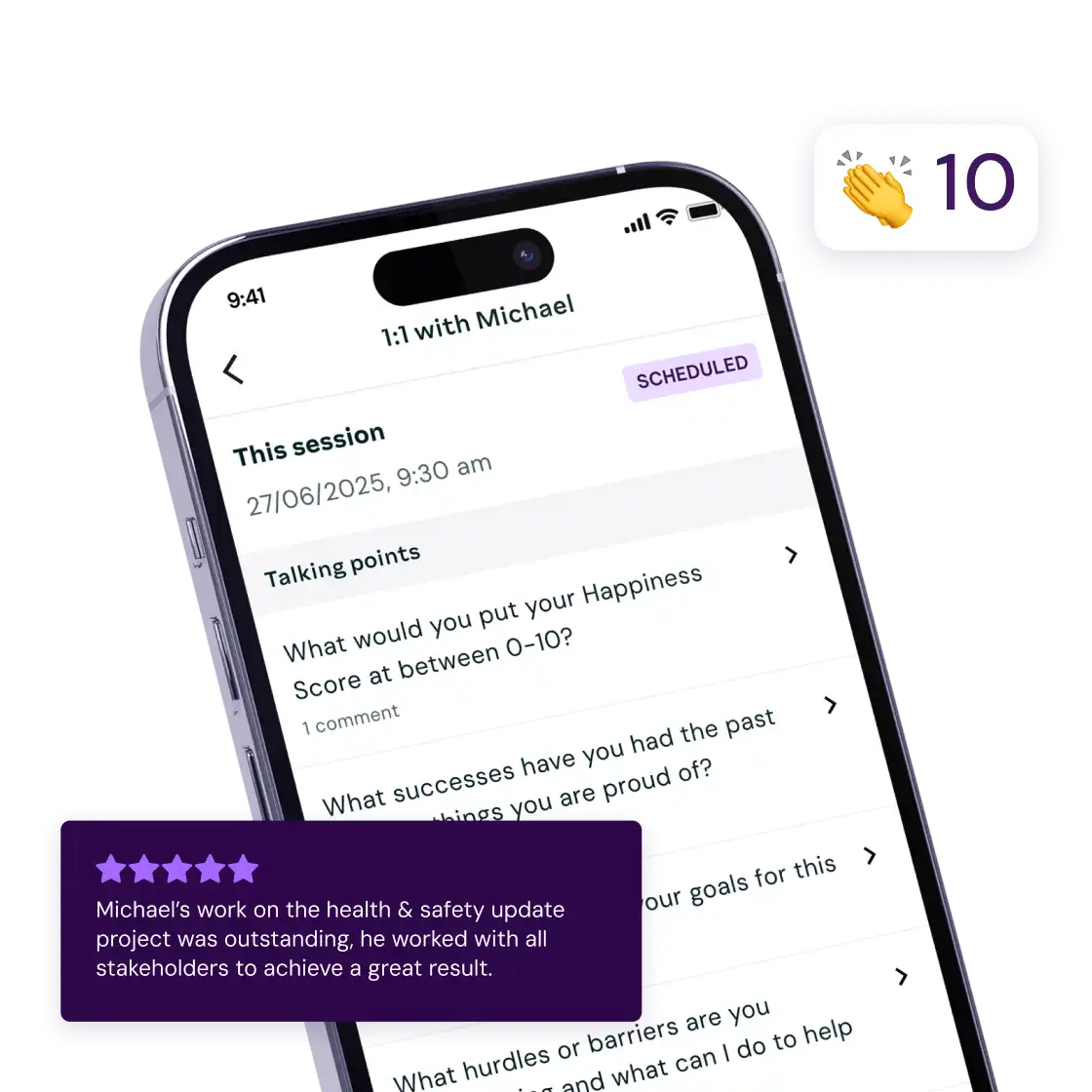 A smartphone screen displays a scheduled 1:1 meeting with Michael, including talking points about happiness scores. Purple boxes show a 5-star review and 10 applause emoji.