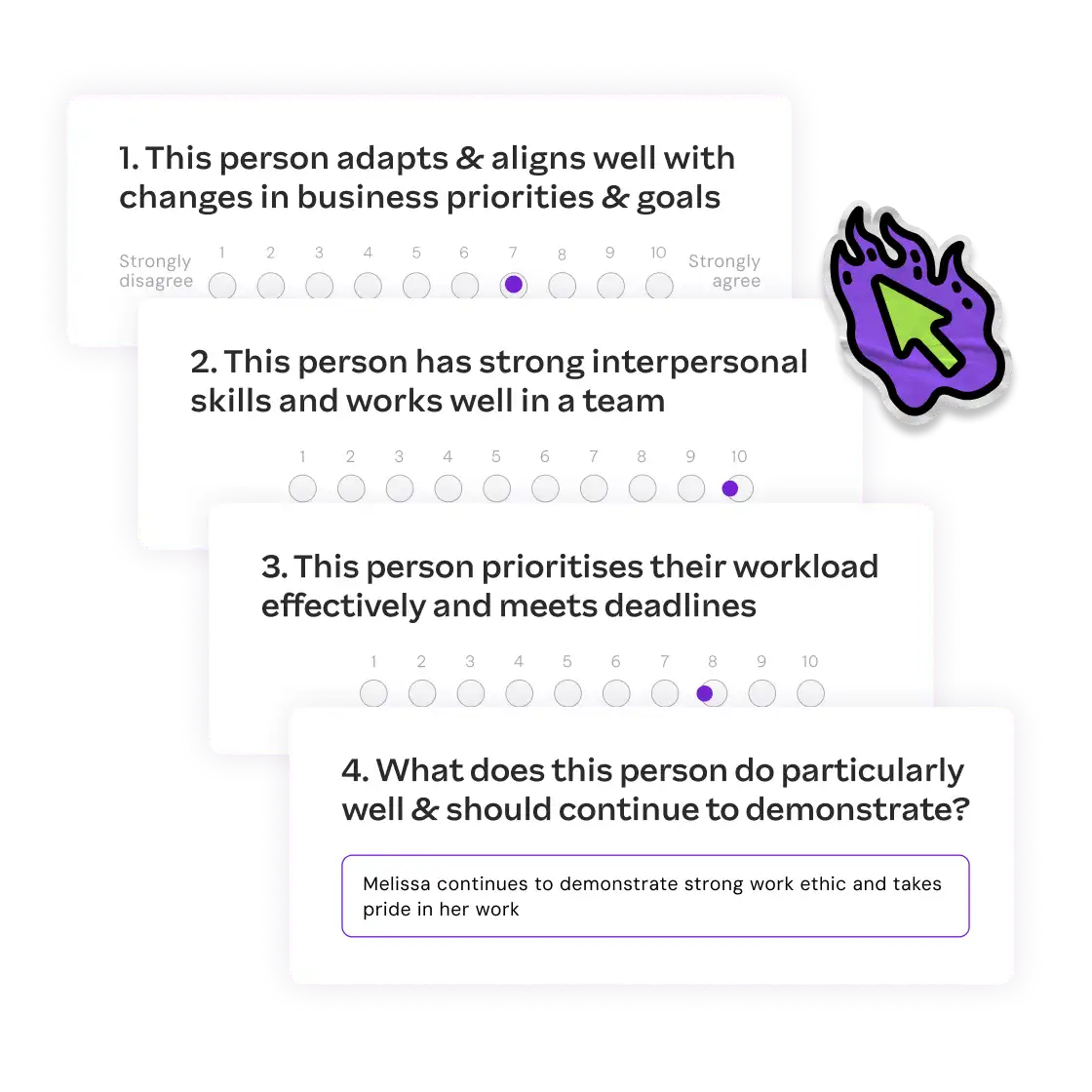 Employee evaluation with questions on adaptability, interpersonal skills, prioritization, and strengths. Responses range on a scale; a note praises work ethic.