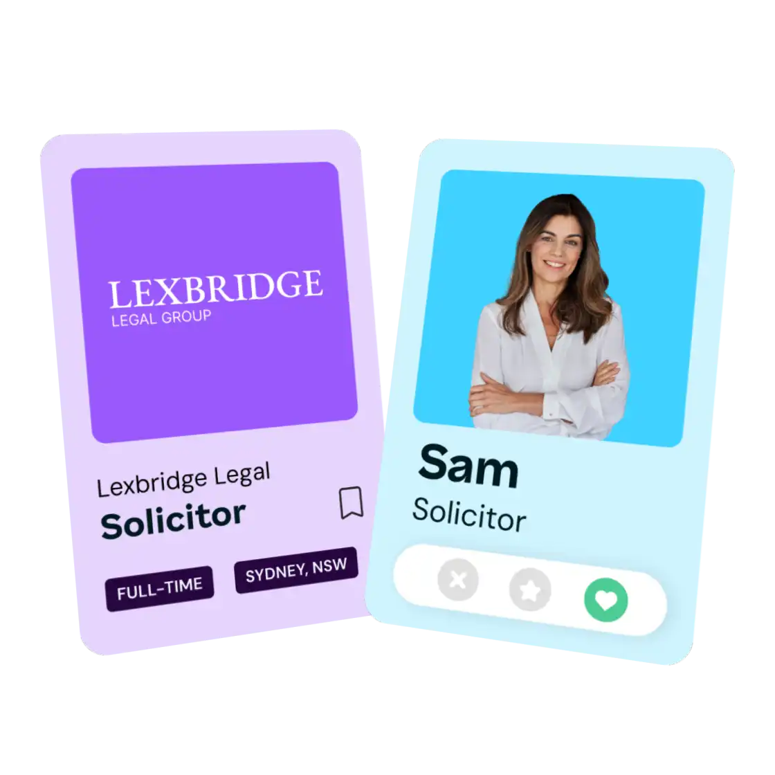 Job card for "Lexbridge Legal" features a smiling solicitor named Sam in a white shirt. It's a full-time role based in Sydney, NSW.