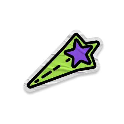 A stylized illustration of a green shooting star with a purple starhead and black outline.