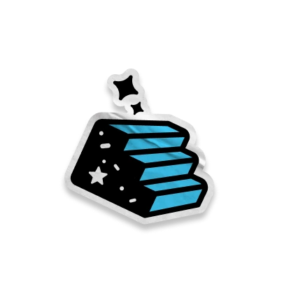 A stylized illustration of a black staircase with blue steps, decorated with white stars and a sparkle above.