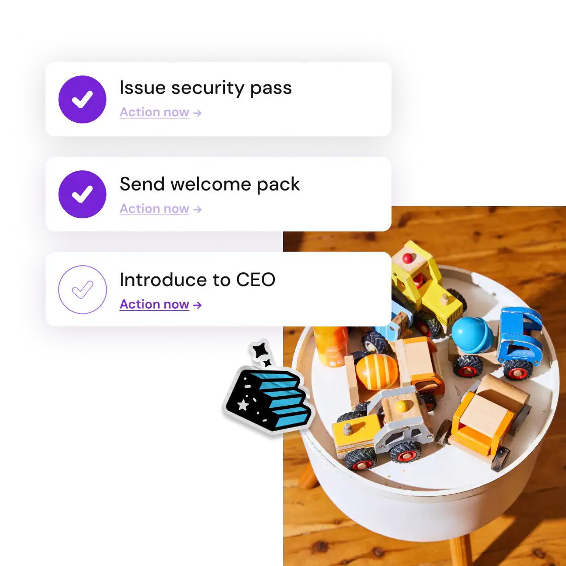 A white table displaying various toys and a message reading "issue security pass."