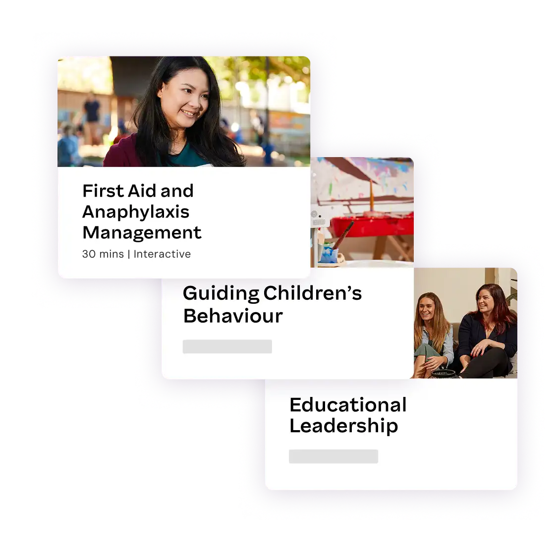 Three images showcasing first aid and mental health training courses, highlighting participants and instructional materials.