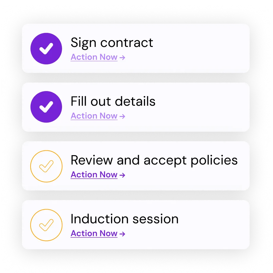 A stack of policy documents is shown, labeled "Anti-Discrimination Policy," "Code of Conduct," and "Health and Safety Policy." Below the documents, there is a signed form with a signature and a purple checkmark, symbolizing acknowledgment or agreement.