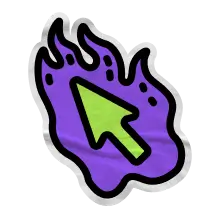 Green cursor on purple flames sticker.