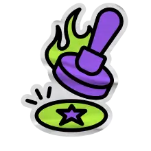 Purple stamp hitting a green star with flames