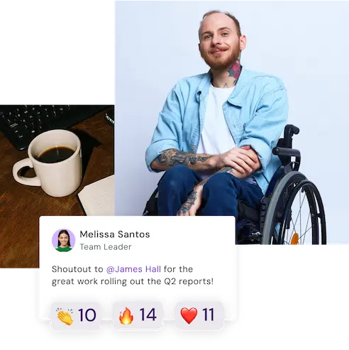 A smiling man with tattoos sitting in a wheelchair, wearing a denim shirt and white t-shirt.
