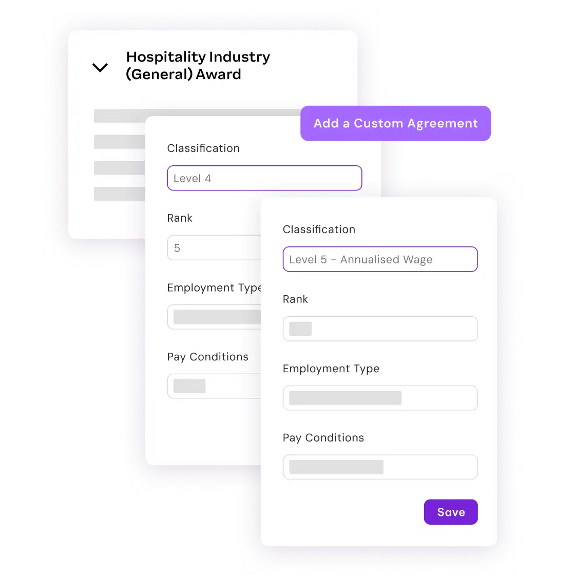 Overlay of user interface elements displaying forms for employment classification, rank, and conditions, highlighted by a purple "Add a Custom Agreement" button.