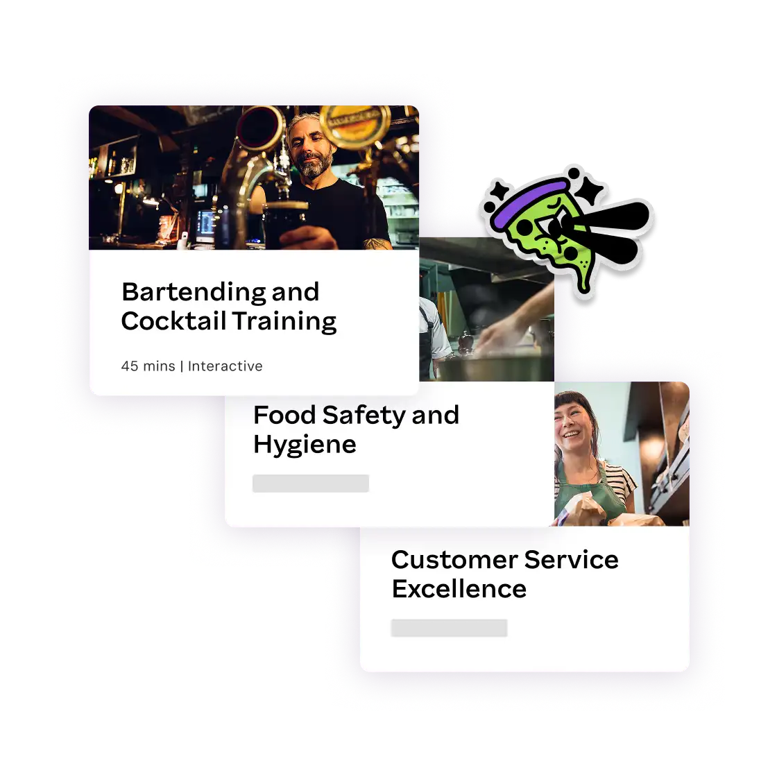 Three labeled cards depicting training courses: Bartending with a bartender image, Food Safety with a kitchen scene, and Customer Service with a smiling staff.