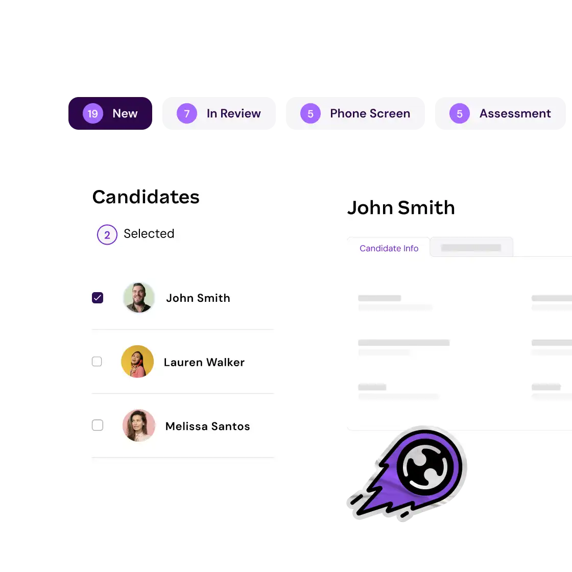 Dashboard showing hiring stages for candidates: New, In Review, Phone Screen, Assessment. John Smith's info is displayed; he's selected.