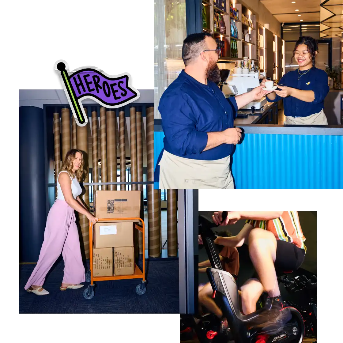 A collage shows diverse activities: a woman pushing a cart with boxes, two people exchanging a coffee cup at a counter, and a person pedaling on a stationary bike. A “Heroes” flag icon is present, conveying a positive, energetic tone.