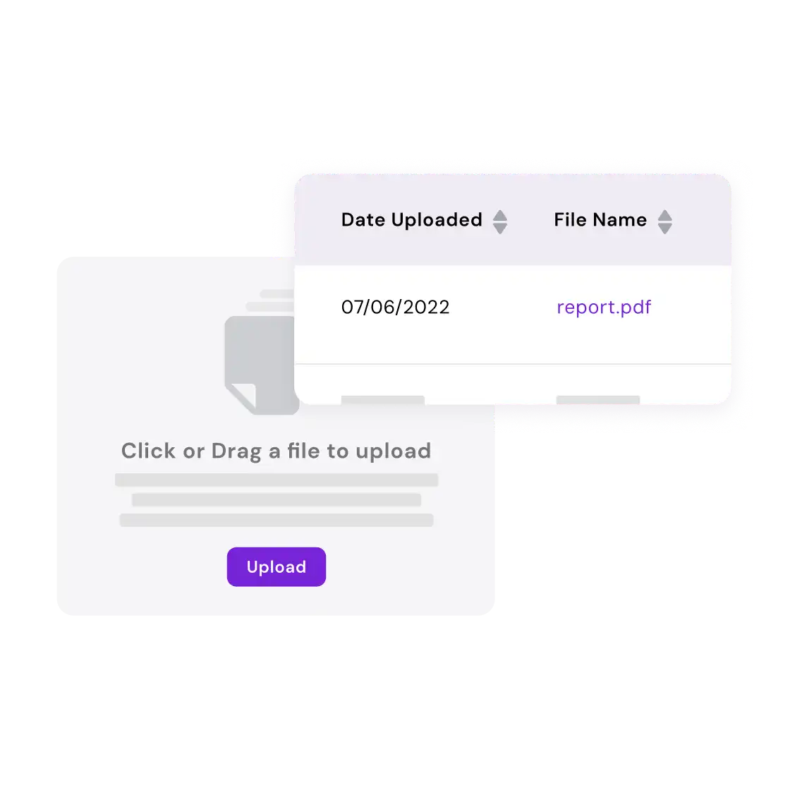 File upload interface showing a drag-and-drop area labeled "Click or Drag a file to upload" with a purple "Upload" button. A pop-up displays a file named "report.pdf" uploaded on 07/06/2022.