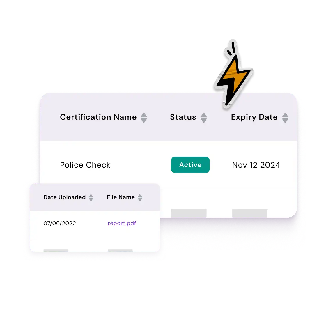 Digital interface showing a certification table with "Police Check," marked as "Active," expiring November 12, 2024, and a vibrant lightning bolt icon.