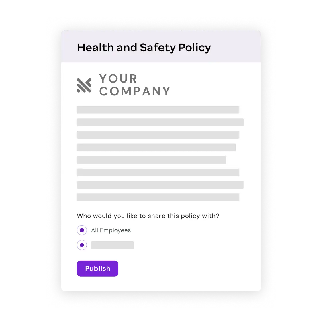 Alt text: "A document titled 'Health and Safety Policy' displaying a company logo and placeholder text. It includes radio options for sharing with 'All Employees' and a 'Publish' button. The tone is formal and administrative."