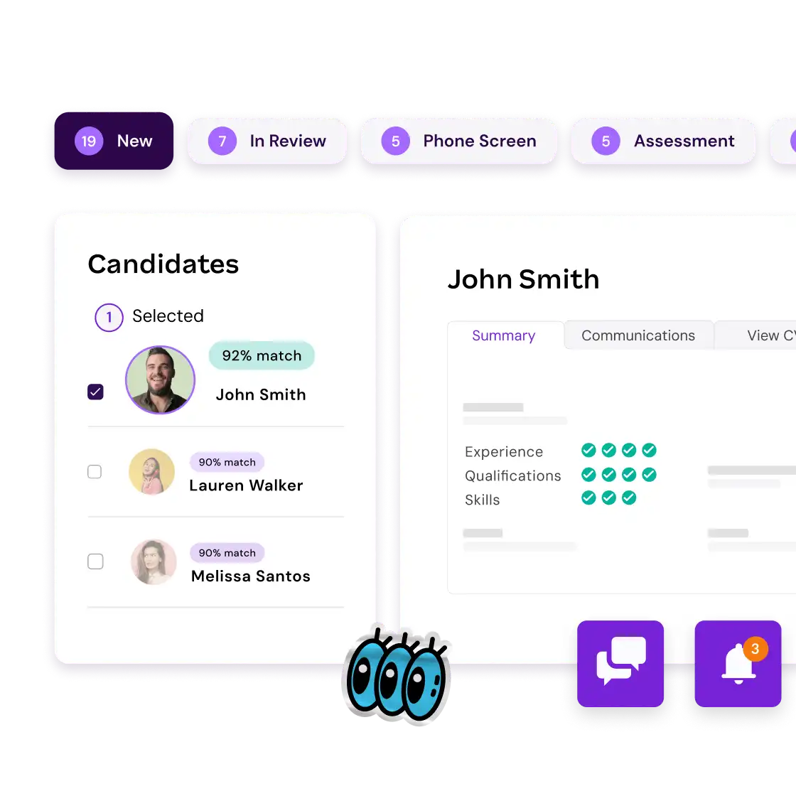 A hiring dashboard displays candidate profiles with match percentages and selection status; John Smith is selected, showing details and assessment ratings.