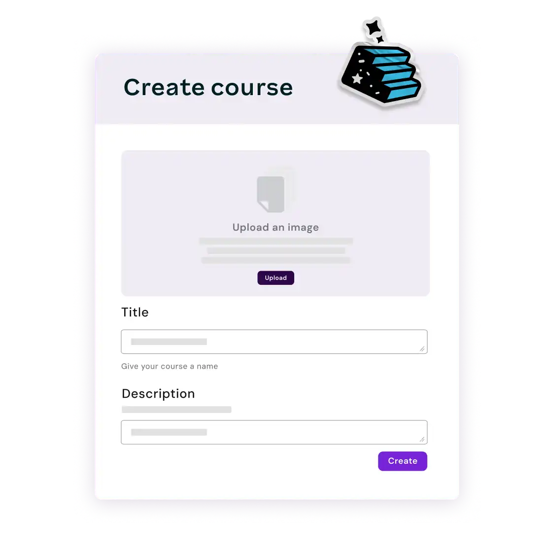 Alt text: "Course creation page with fields for uploading an image, entering a title, and description. There's a floating sticker of stacked books."