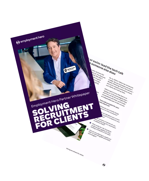 Cover of Employment Hero Partner Whitepaper titled "Solving Recruitment for Clients" with an image of professionals in discussion.