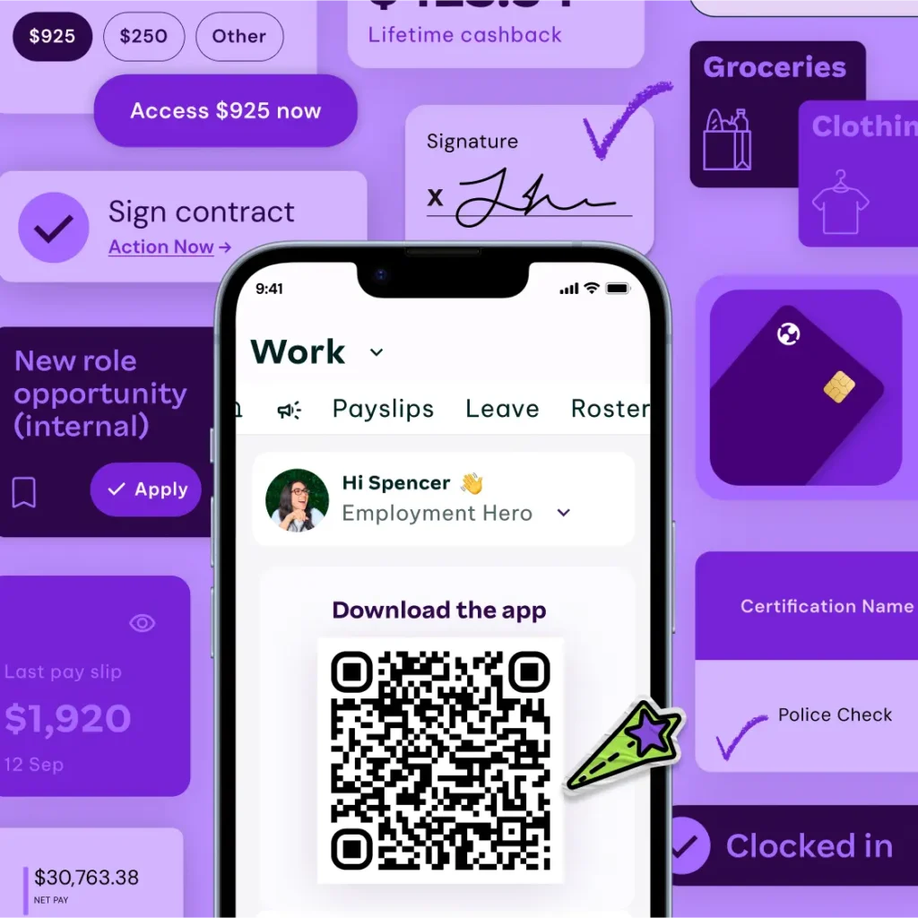 A mobile screen displays a workplace app dashboard with various features like payslips and leave, overlaid with financial action prompts and a QR code to download the app.