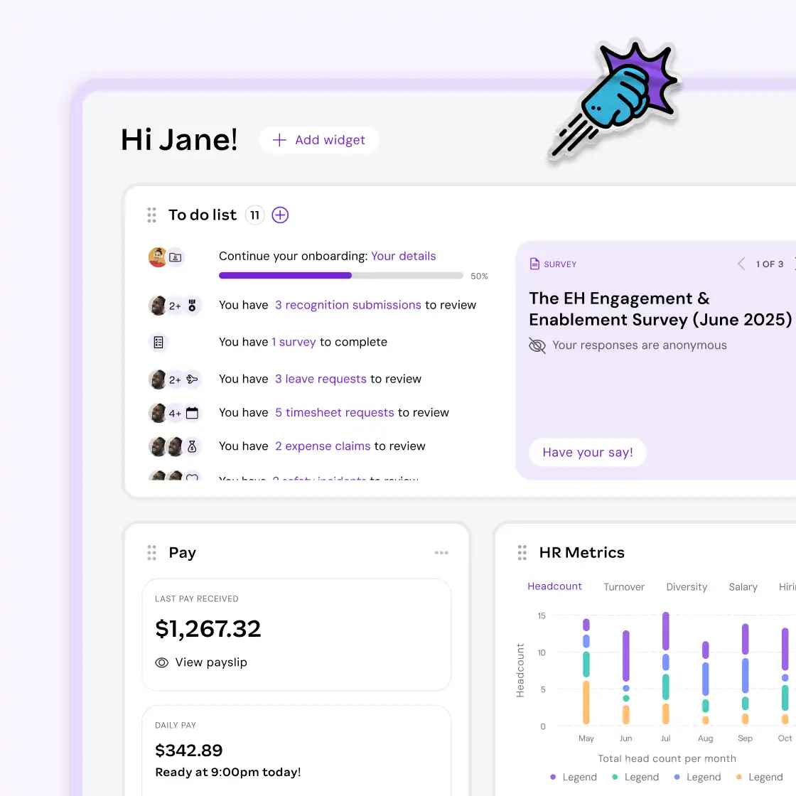 Dashboard featuring a purple background with a purple and pink graphic design.