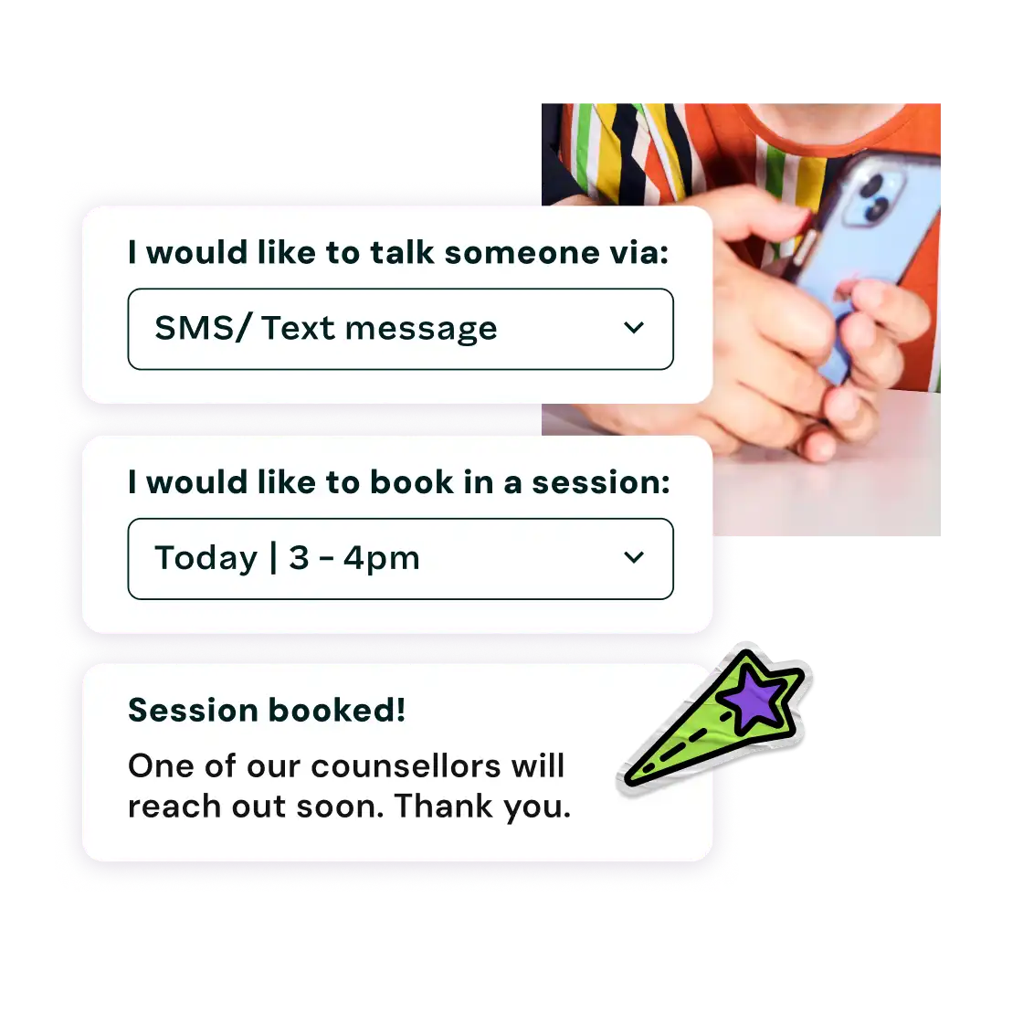 A screenshot of a text message stating, "I would like to talk to someone."